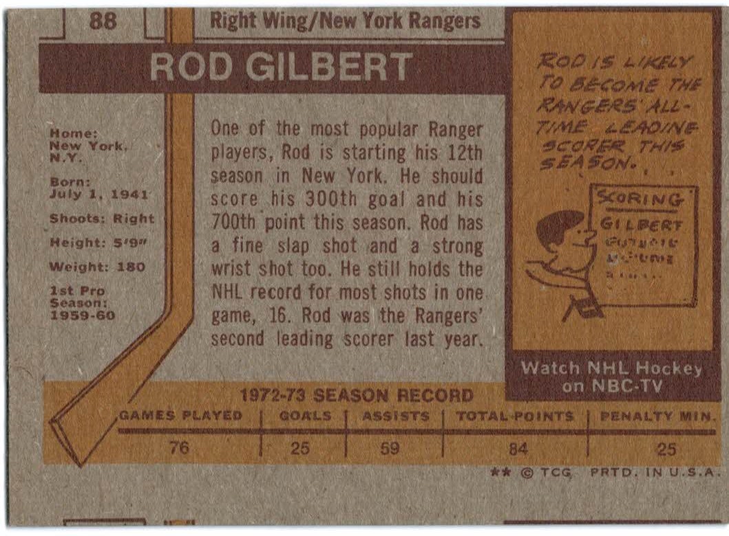 1973-74 Topps #88 Rod Gilbert DP back image