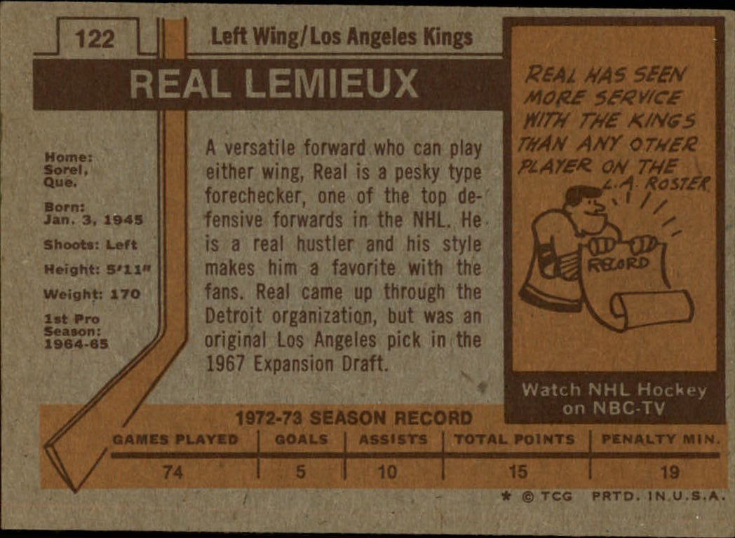 1973-74 Topps #122 Real Lemieux back image
