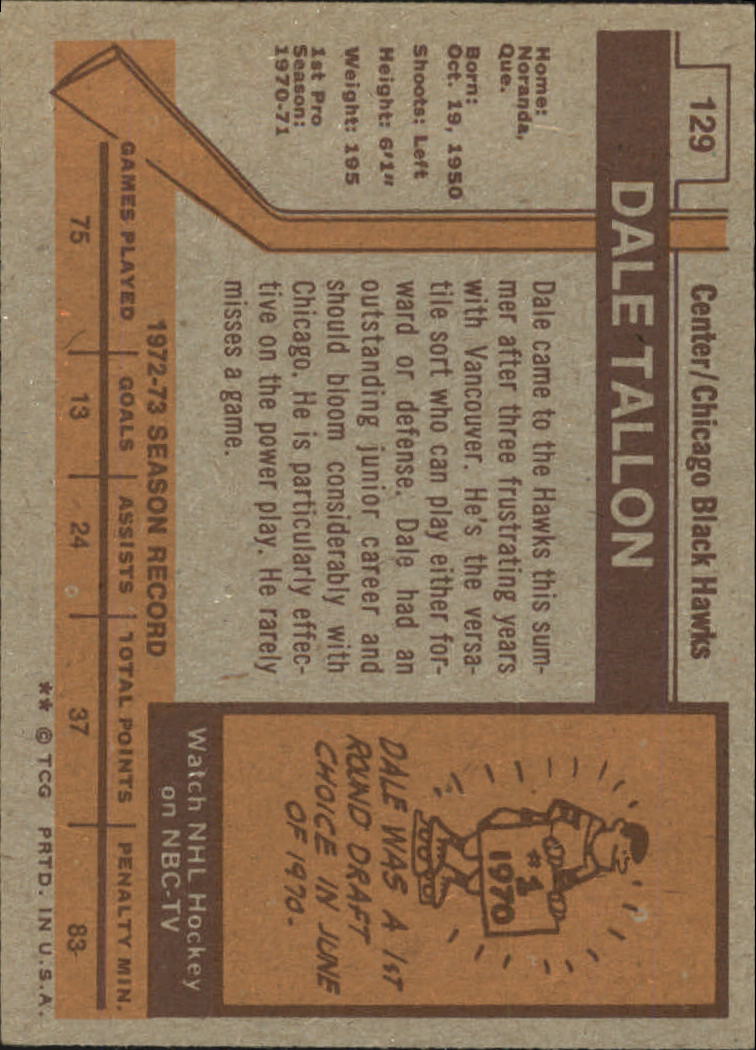 1973-74 Topps #129 Dale Tallon DP back image