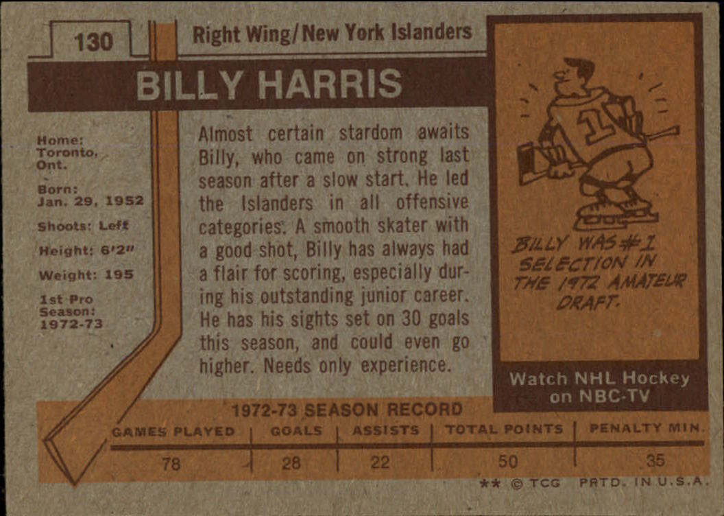 1973-74 Topps #130 Billy Harris RC back image