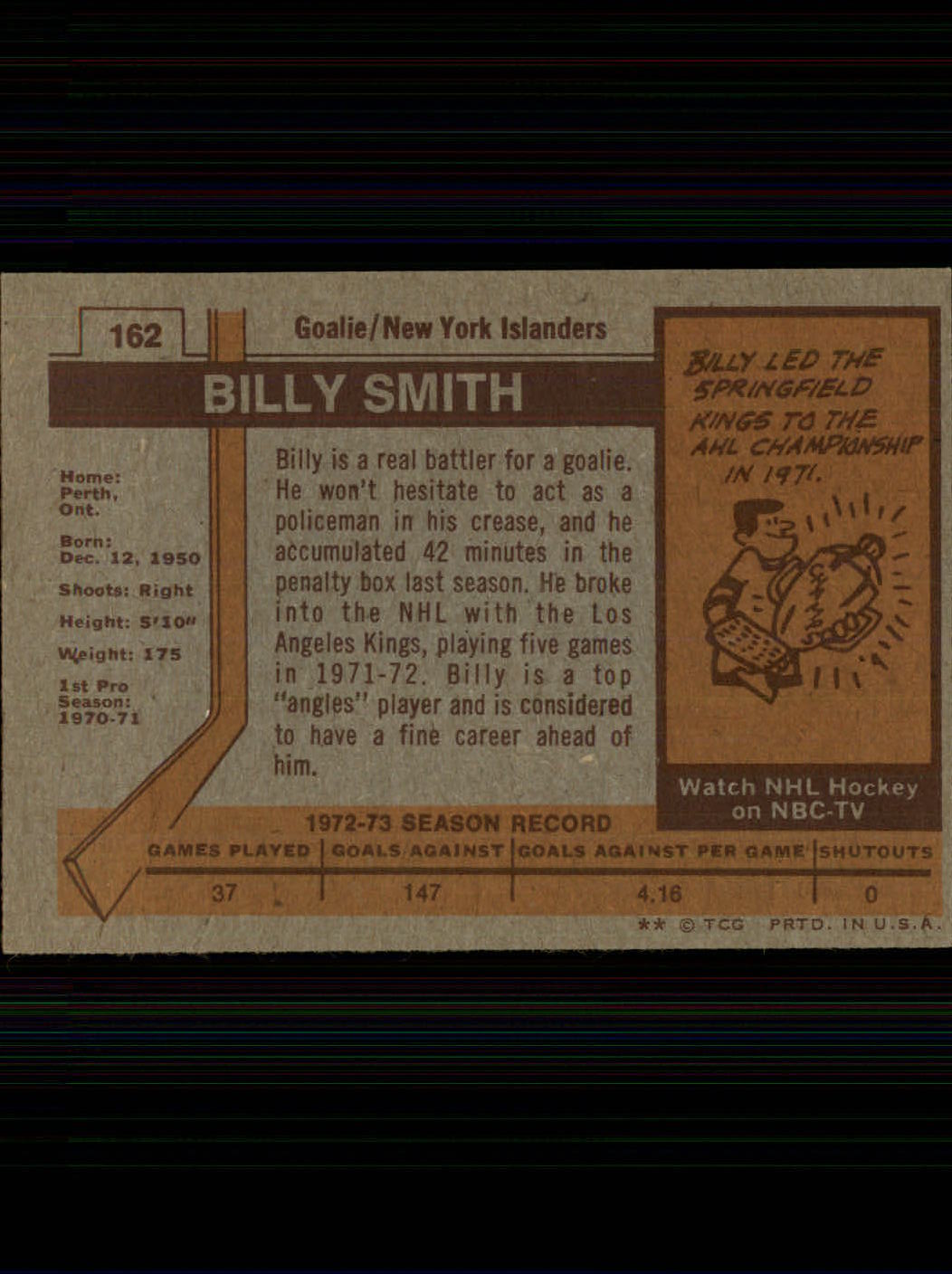 1973-74 Topps #162 Billy Smith RC back image