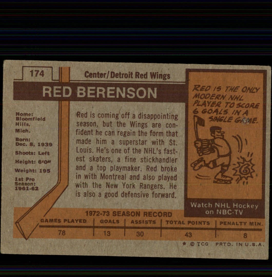 1973-74 Topps #174 Red Berenson back image