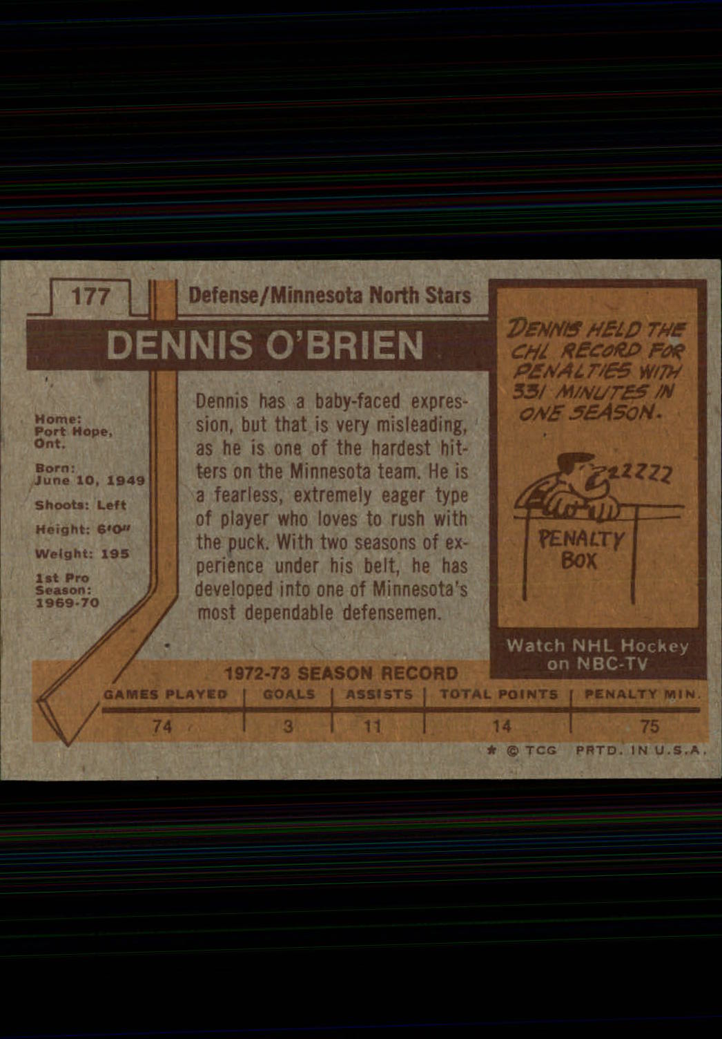 1973-74 Topps #177 Dennis O'Brien RC back image