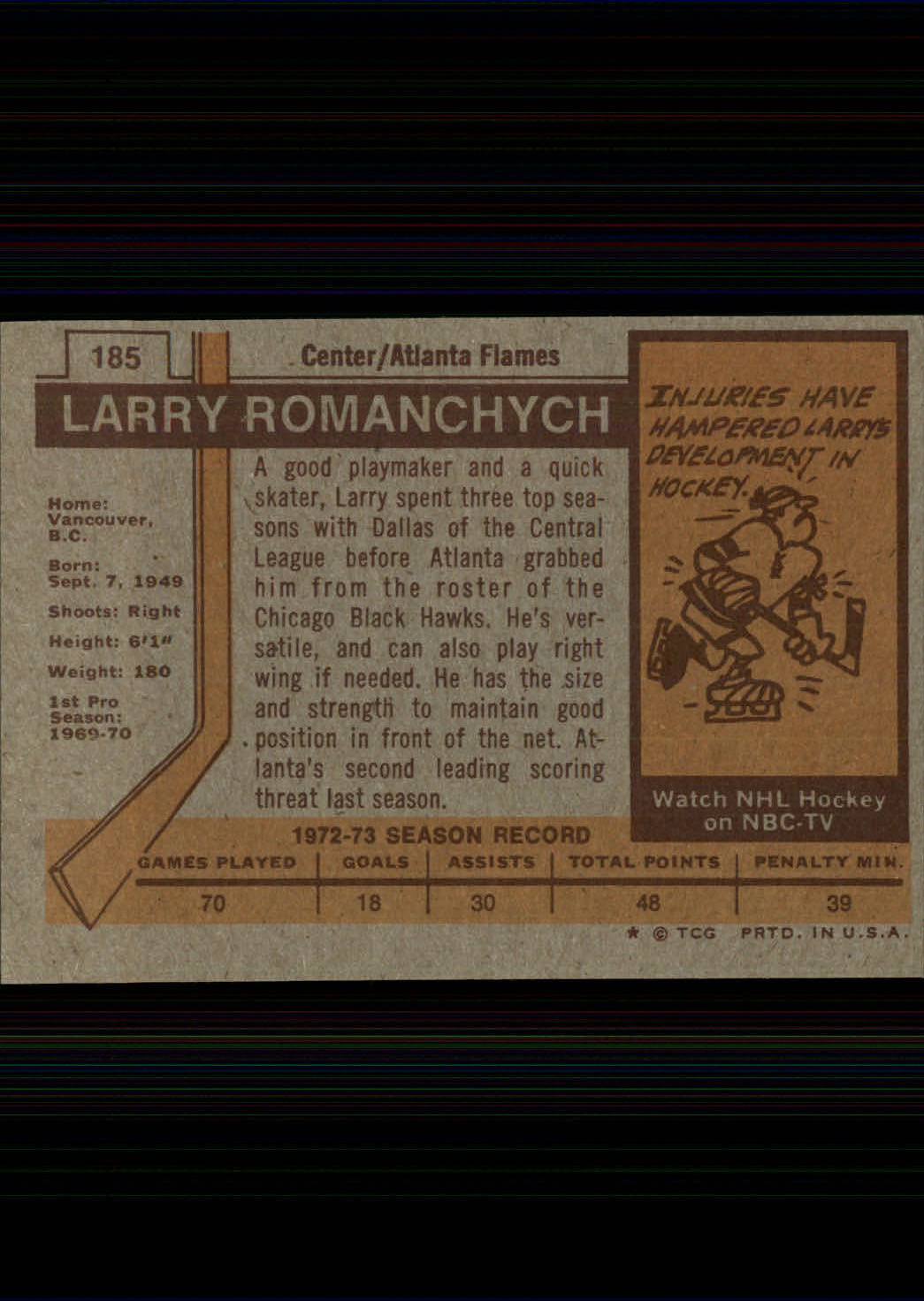 1973-74 Topps #185 Larry Romanchych RC back image