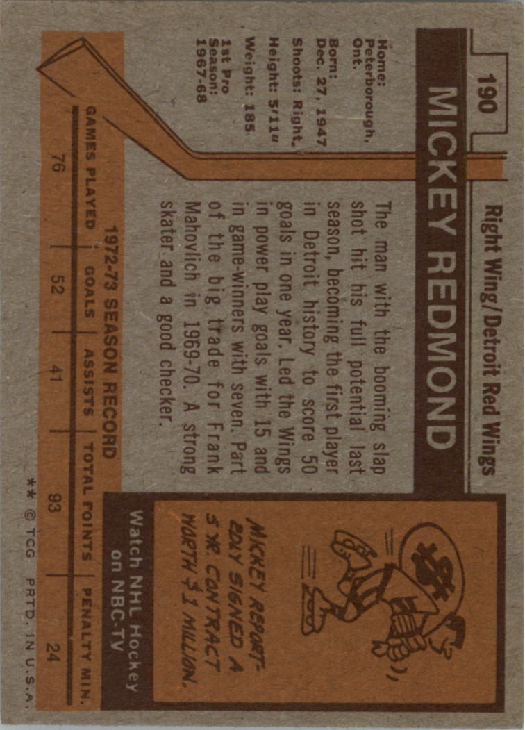 1973-74 Topps #190 Mickey Redmond back image