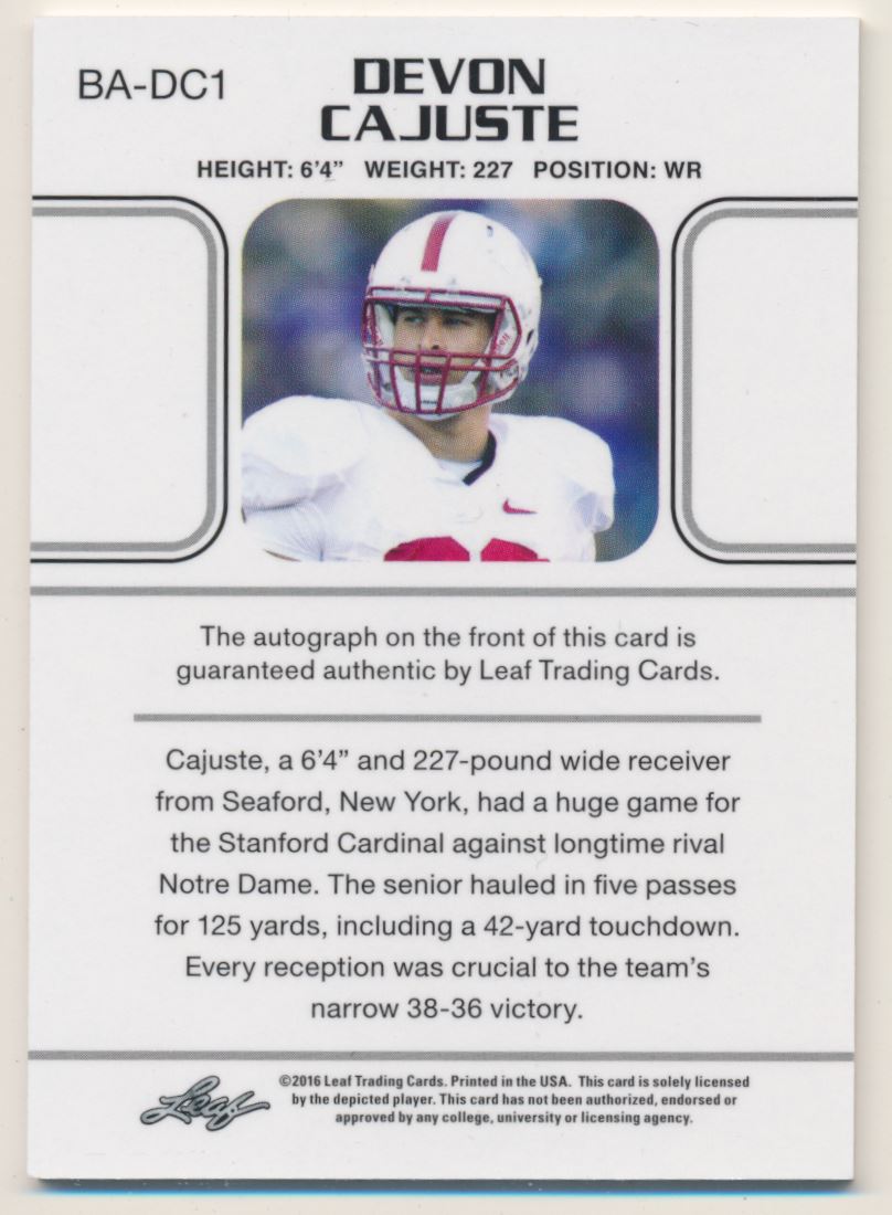 2016 Leaf Ultimate Draft Gold #BADC1 Devon Cajuste/50 back image