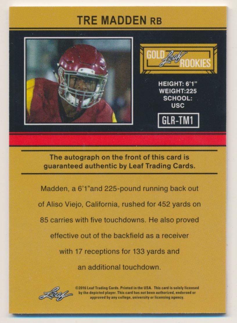 2016 Leaf Ultimate Draft '91 Rookie Autographs #GLRTM1 Tre Madden