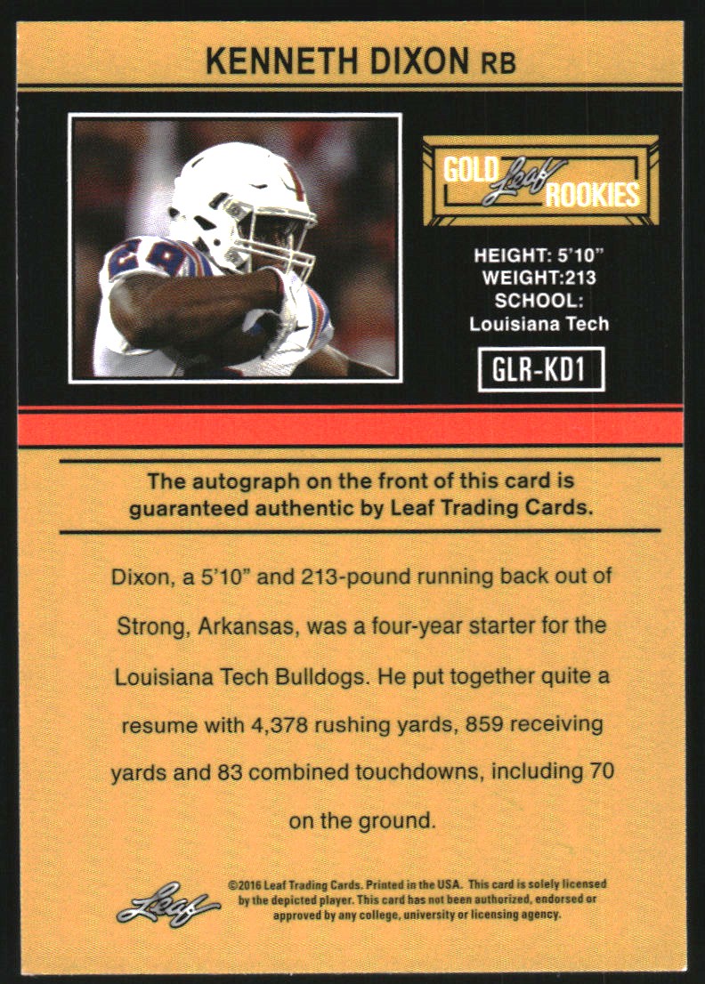 2016 Leaf Ultimate Draft '91 Rookie Autographs Gold #GLRKD1 Kenneth Dixon