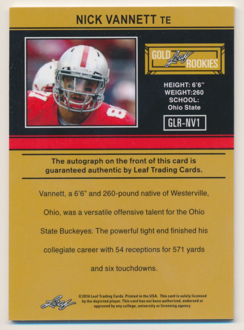 2016 Leaf Ultimate Draft '91 Rookie Autographs Gold Spectrum #GLRNV1 Nick Vannett back image