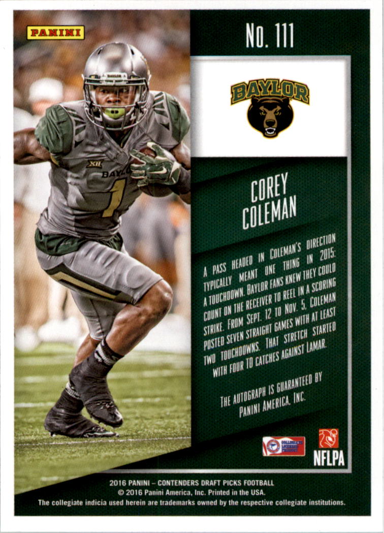 2016 Panini Contenders Draft Picks #111A Corey Coleman AU RC/(ball in left arm) back image