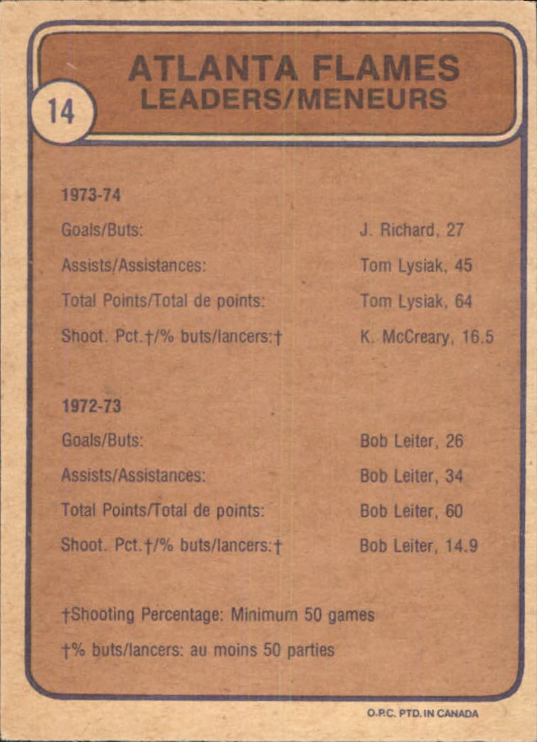 1974-75 O-Pee-Chee #14 Flames Leaders/Jacques Richard/Tom Lysiak/Tom Lysiak/Keith McCreary back image