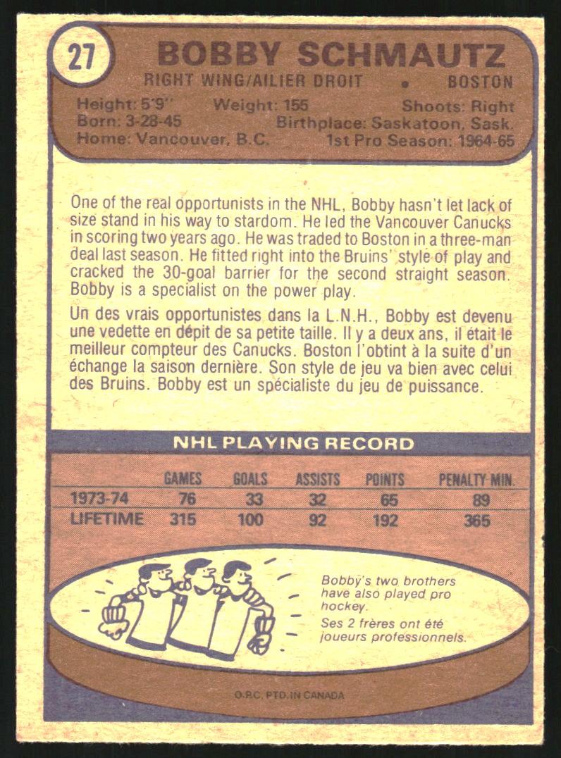 1974-75 O-Pee-Chee #27 Bobby Schmautz - EX-MT