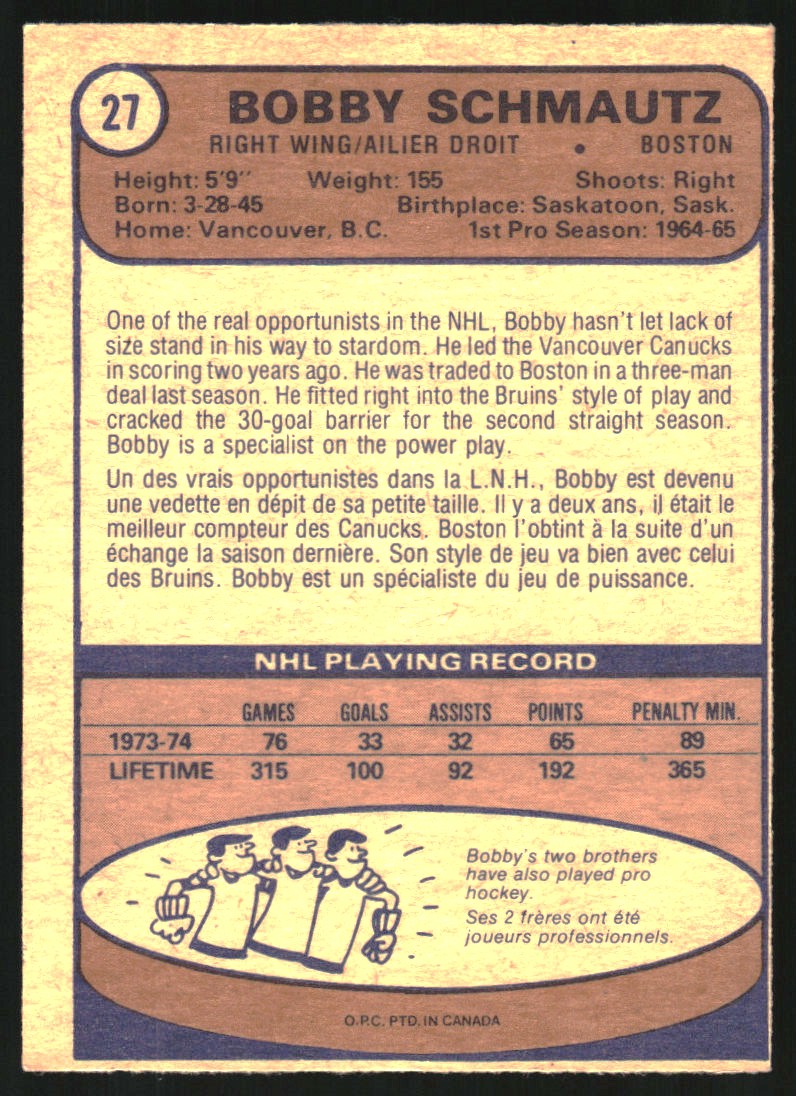 1974-75 O-Pee-Chee #27 Bobby Schmautz - VG-EX