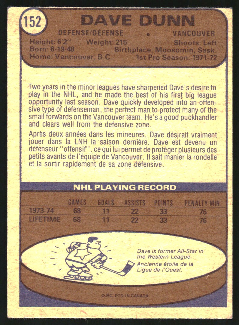 1974-75 O-Pee-Chee #152 Dave Dunn RC - EX-MT