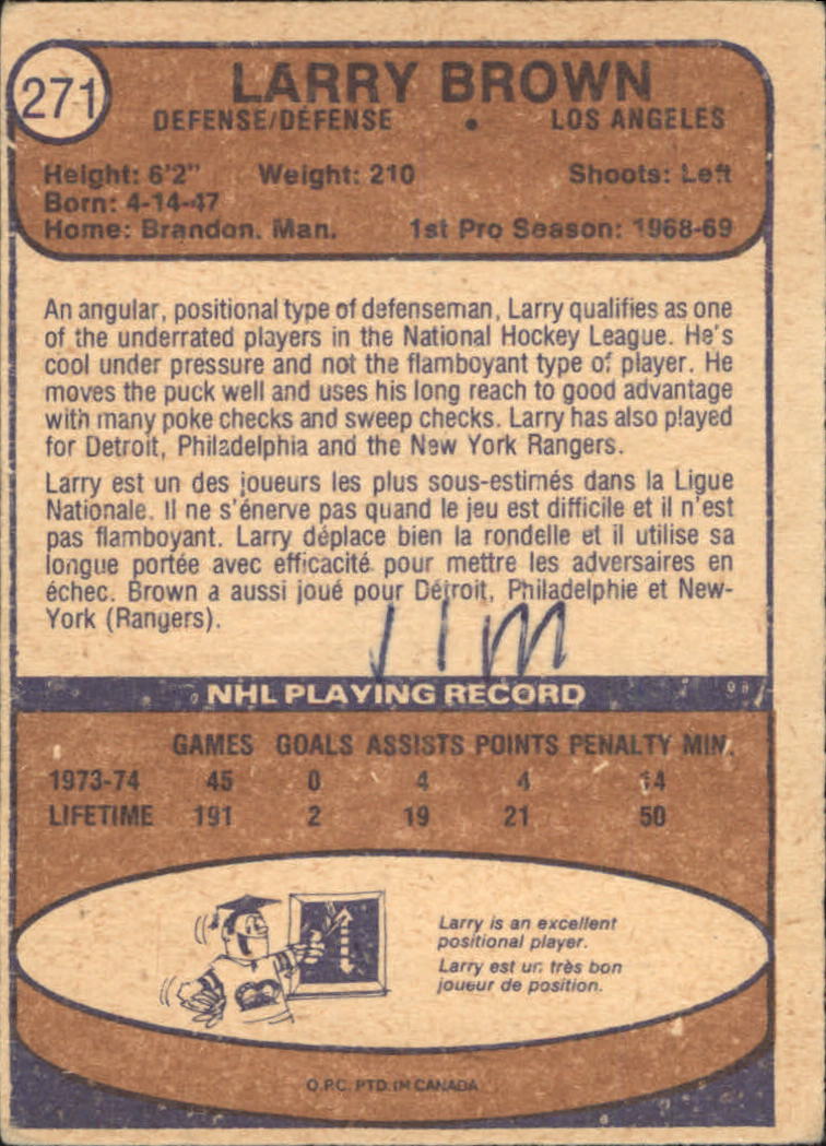 1974-75 O-Pee-Chee #271 Larry Brown RC back image