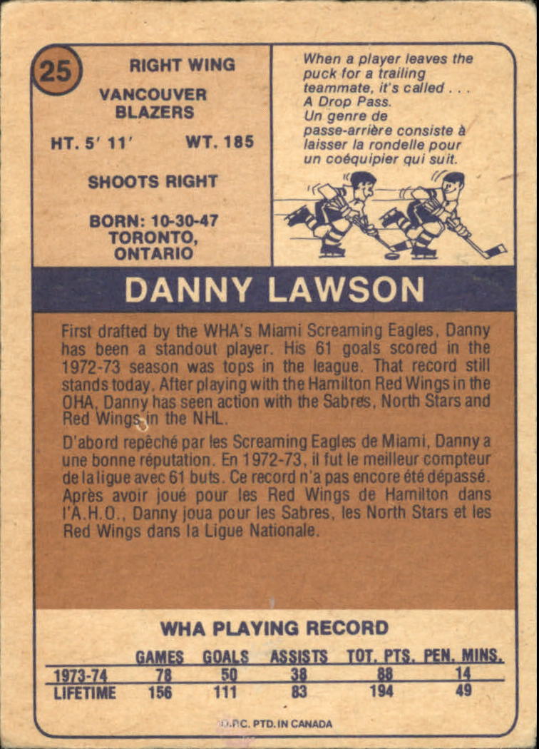 1974-75 O-Pee-Chee WHA #25 Danny Lawson RC back image