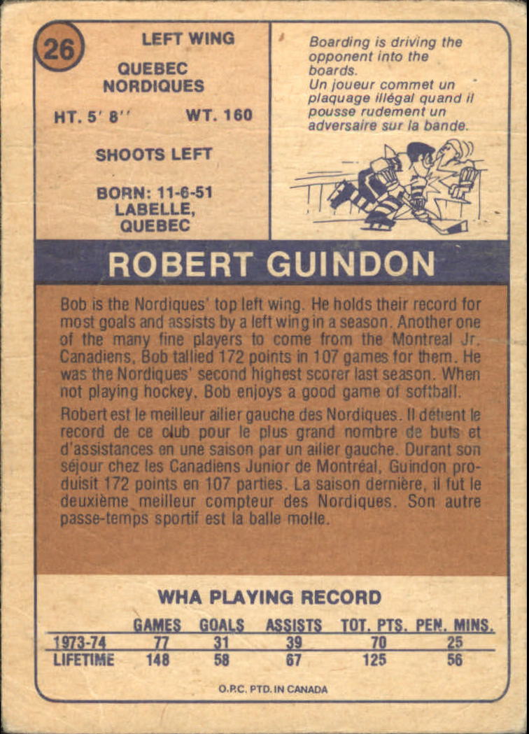 1974-75 O-Pee-Chee WHA #26 Bob Guindon RC back image