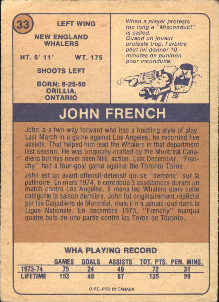 1974-75 O-Pee-Chee WHA #33 John French RC back image