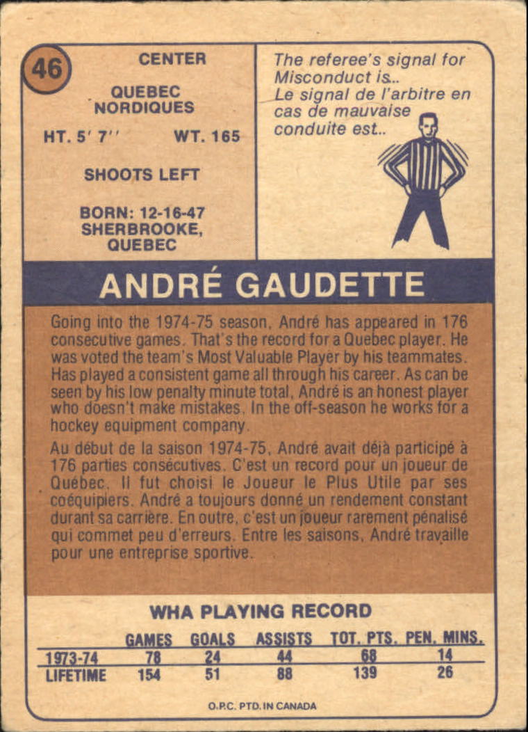 1974-75 O-Pee-Chee WHA #46 Andre Gaudette RC back image