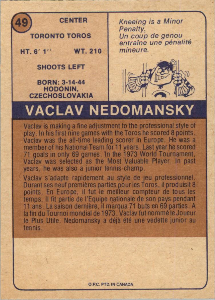 1974-75 O-Pee-Chee WHA #49 Vaclav Nedomansky RC back image