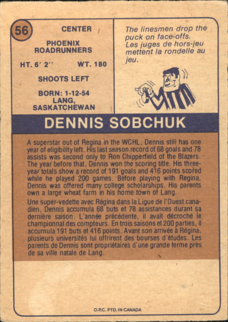 1974-75 O-Pee-Chee WHA #56 Dennis Sobchuk RC back image