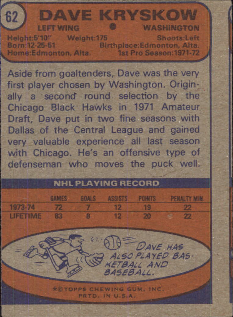 1974-75 Topps #62 Dave Kryskow RC back image