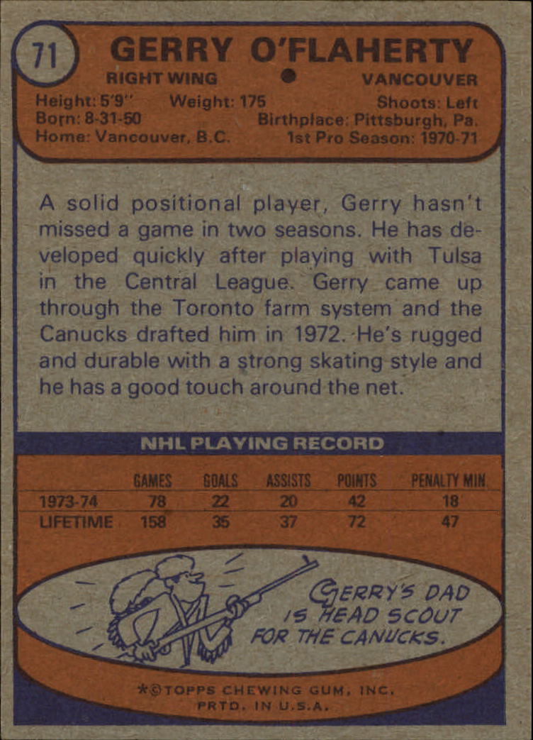 1974-75 Topps #71 Gerry O'Flaherty back image