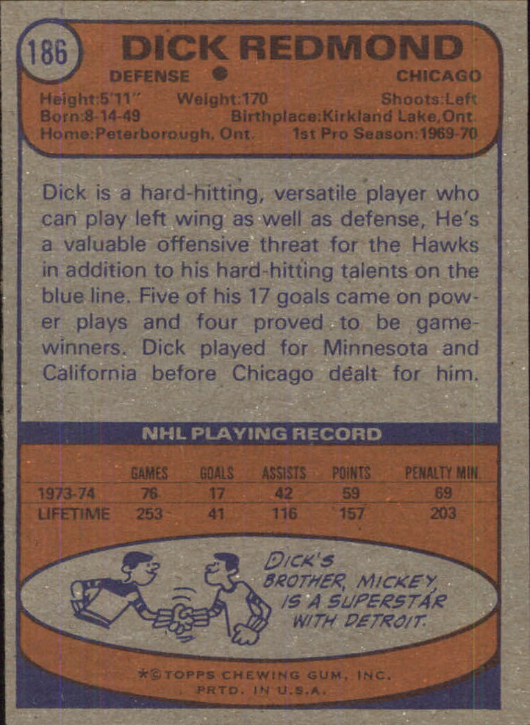 1974-75 Topps #186 Dick Redmond back image