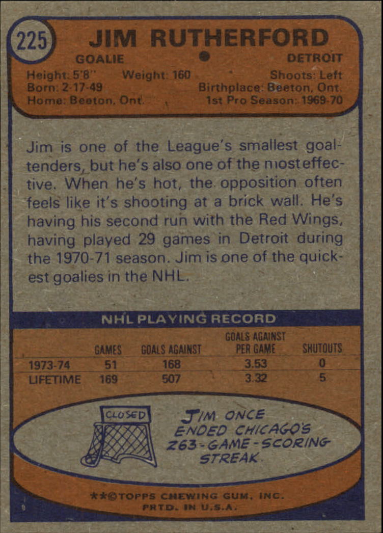 1974-75 Topps #225 Jim Rutherford back image