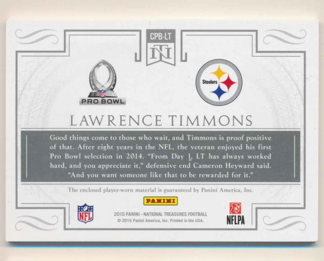2015 Panini National Treasures Colossal Pro Bowl Materials Prime #CPMLT Lawrence Timmons/25 back image