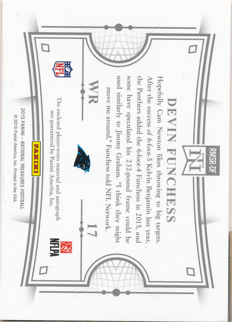 2015 Panini National Treasures Rookie Signature Materials Silver #RMSRDF Devin Funchess/25 back image