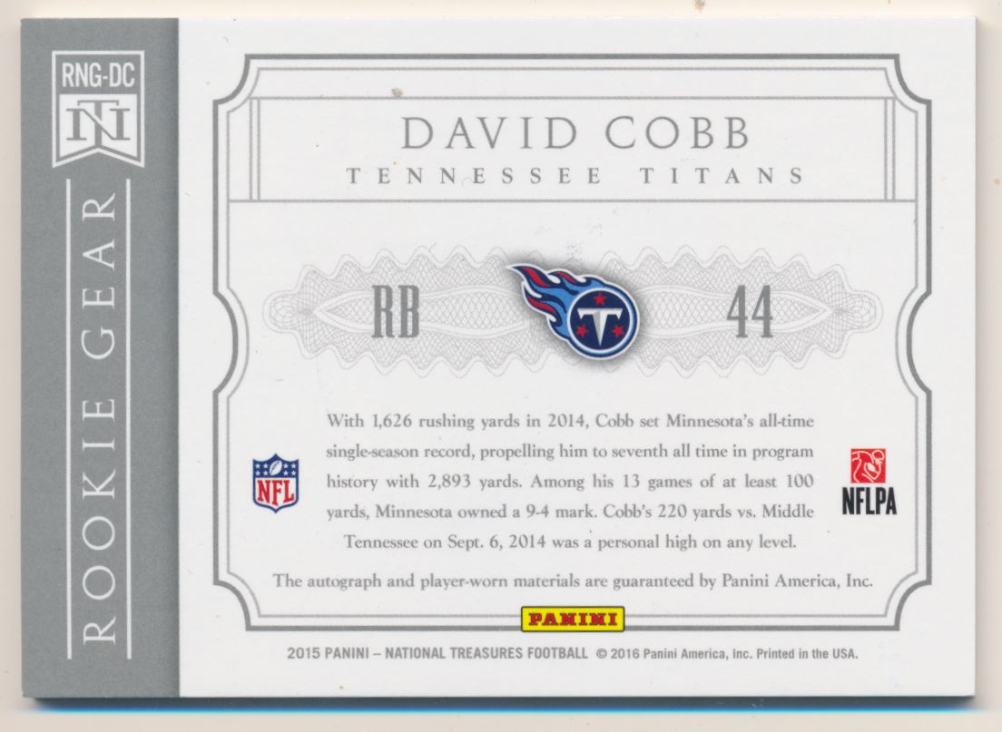 2015 Panini National Treasures Rookie NFL Gear Dual Materials Signatures Prime #4 David Cobb/49