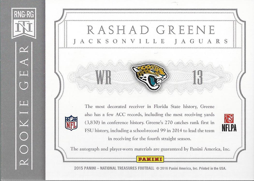 2015 Panini National Treasures Rookie NFL Gear Triple Materials Signatures #24 Rashad Greene/10 back image