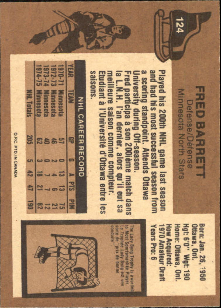 1975-76 O-Pee-Chee #124 Fred Barrett back image