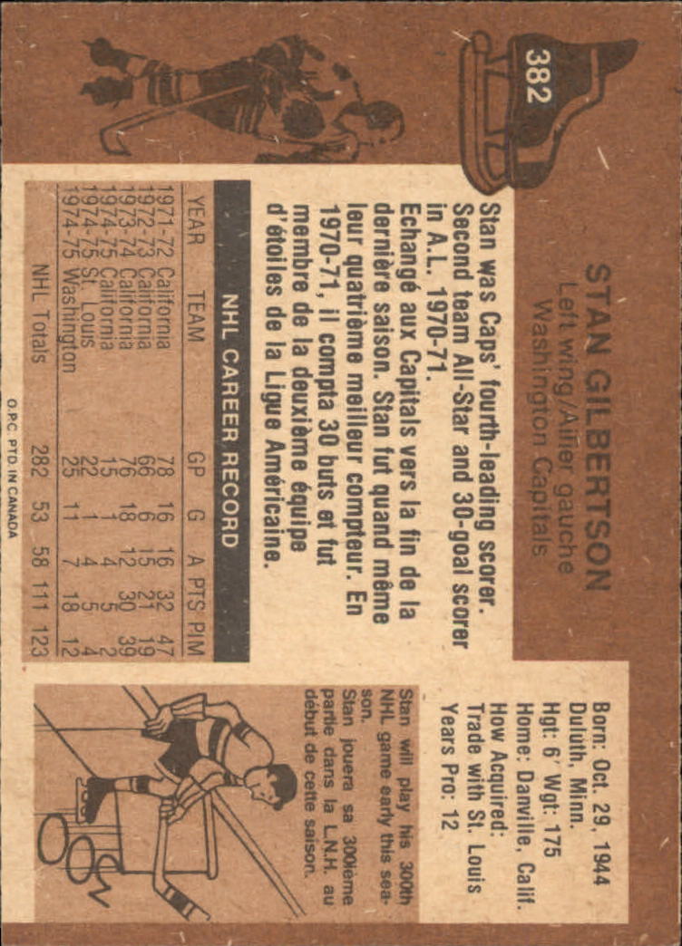 1975-76 O-Pee-Chee #382 Stan Gilbertson UER/(Photo actually/Denis Dupere back image