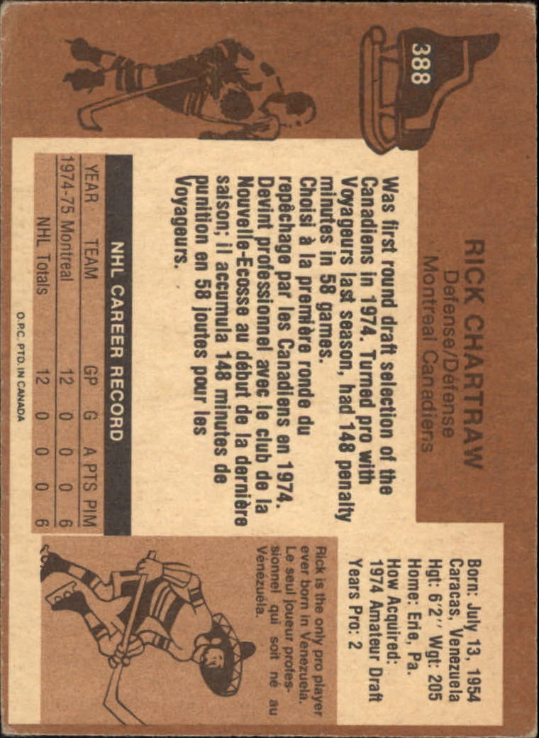 1975-76 O-Pee-Chee #388 Rick Chartraw RC back image