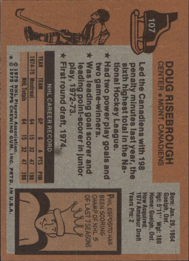 1975-76 Topps #107 Doug Risebrough UER RC back image