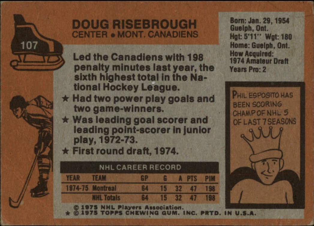 1975-76 Topps #107 Doug Risebrough UER RC back image