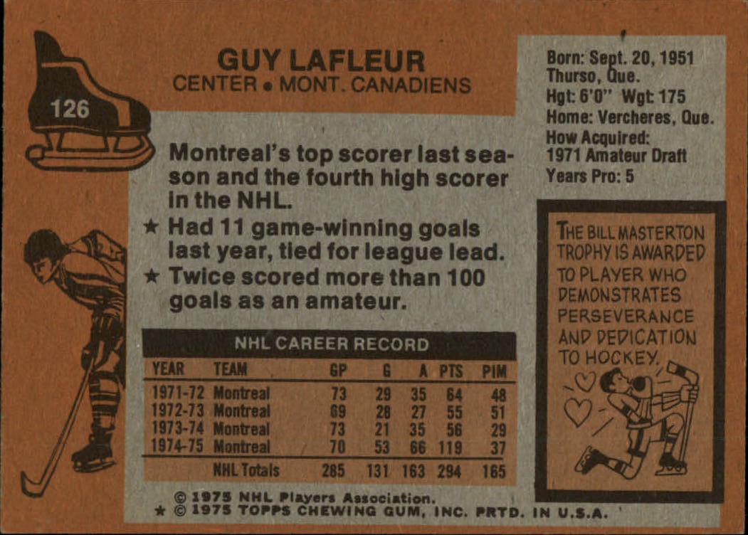 1975-76 Topps #126 Guy Lafleur UER/Listed as Defense back image