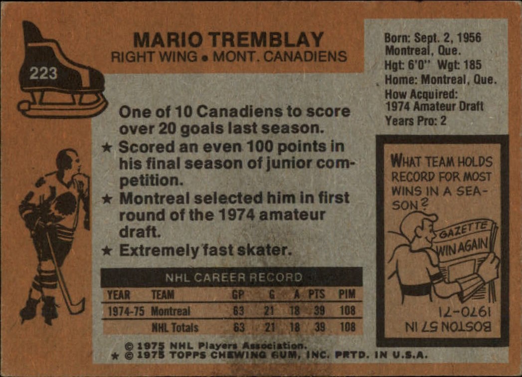 1975-76 Topps #223 Mario Tremblay RC back image