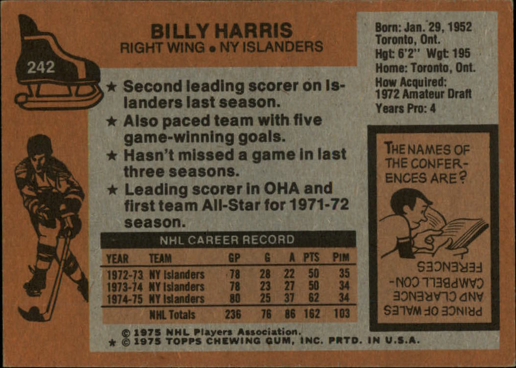 1975-76 Topps #242 Billy Harris back image