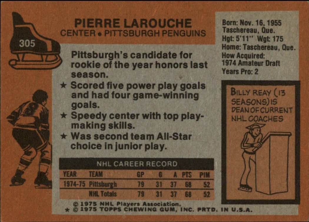 1975-76 Topps #305 Pierre Larouche RC back image