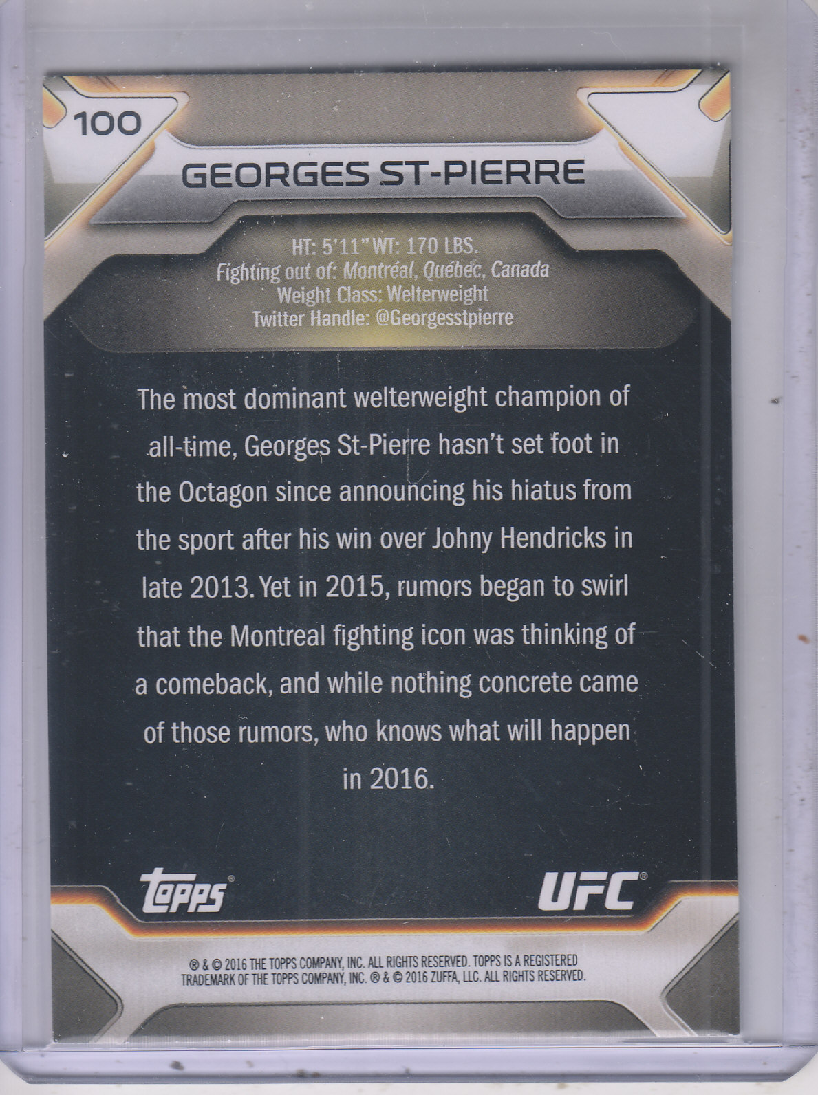 2016 Topps UFC Knockout #100 Georges St-Pierre back image