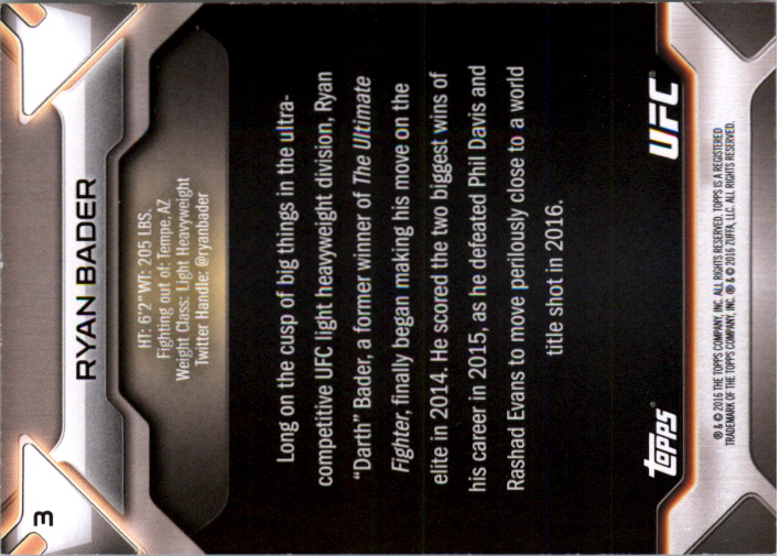 2016 Topps UFC Knockout Silver #3 Ryan Bader back image