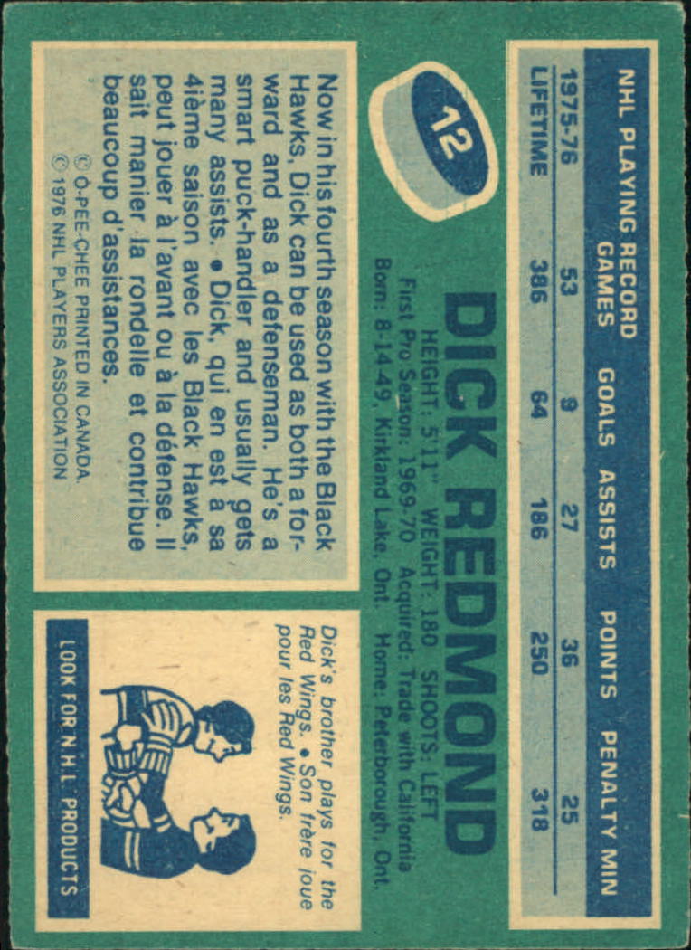 1976-77 O-Pee-Chee #12 Dick Redmond back image