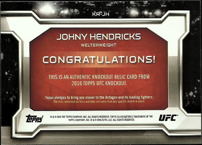2016 Topps UFC Knockout Relics Gold #KRJH Johny Hendricks back image