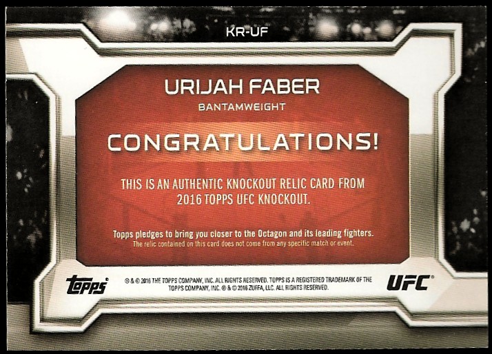 2016 Topps UFC Knockout Relics Gold #KRUF Urijah Faber back image