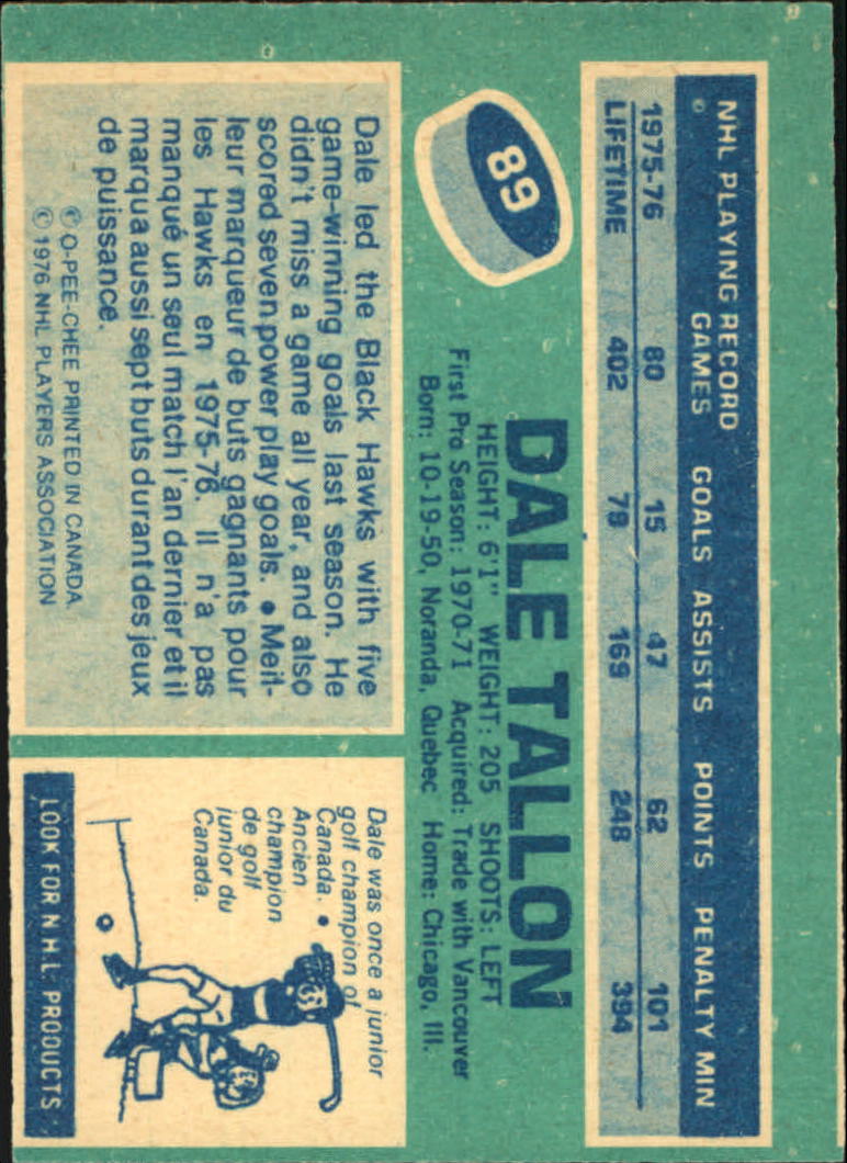 1976-77 O-Pee-Chee #89 Dale Tallon back image