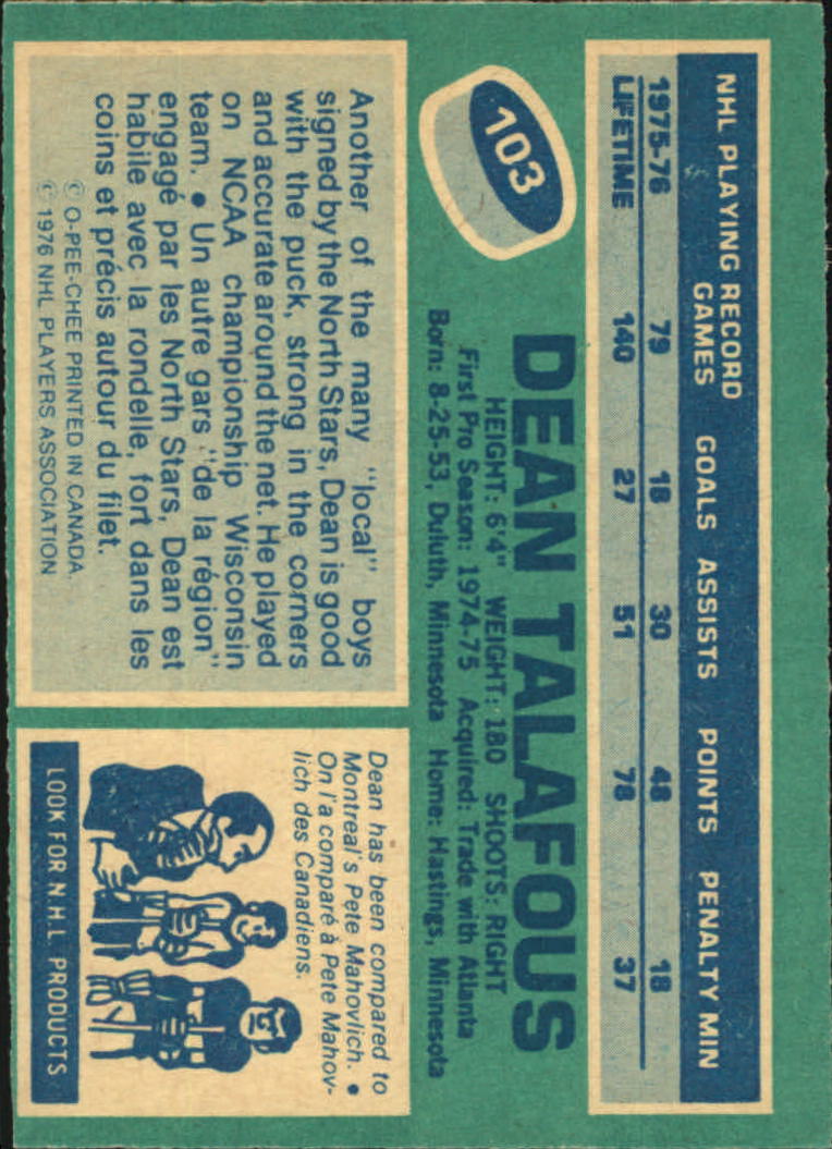 1976-77 O-Pee-Chee #103 Dean Talafous back image