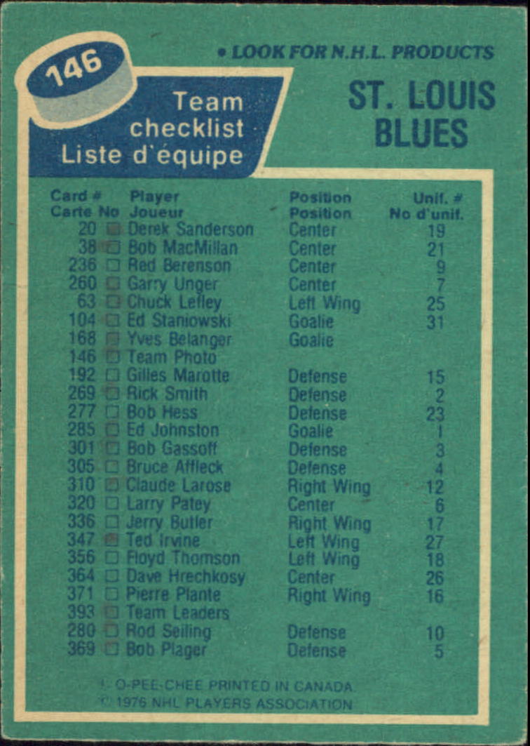 1976-77 O-Pee-Chee #146 Blues Team back image